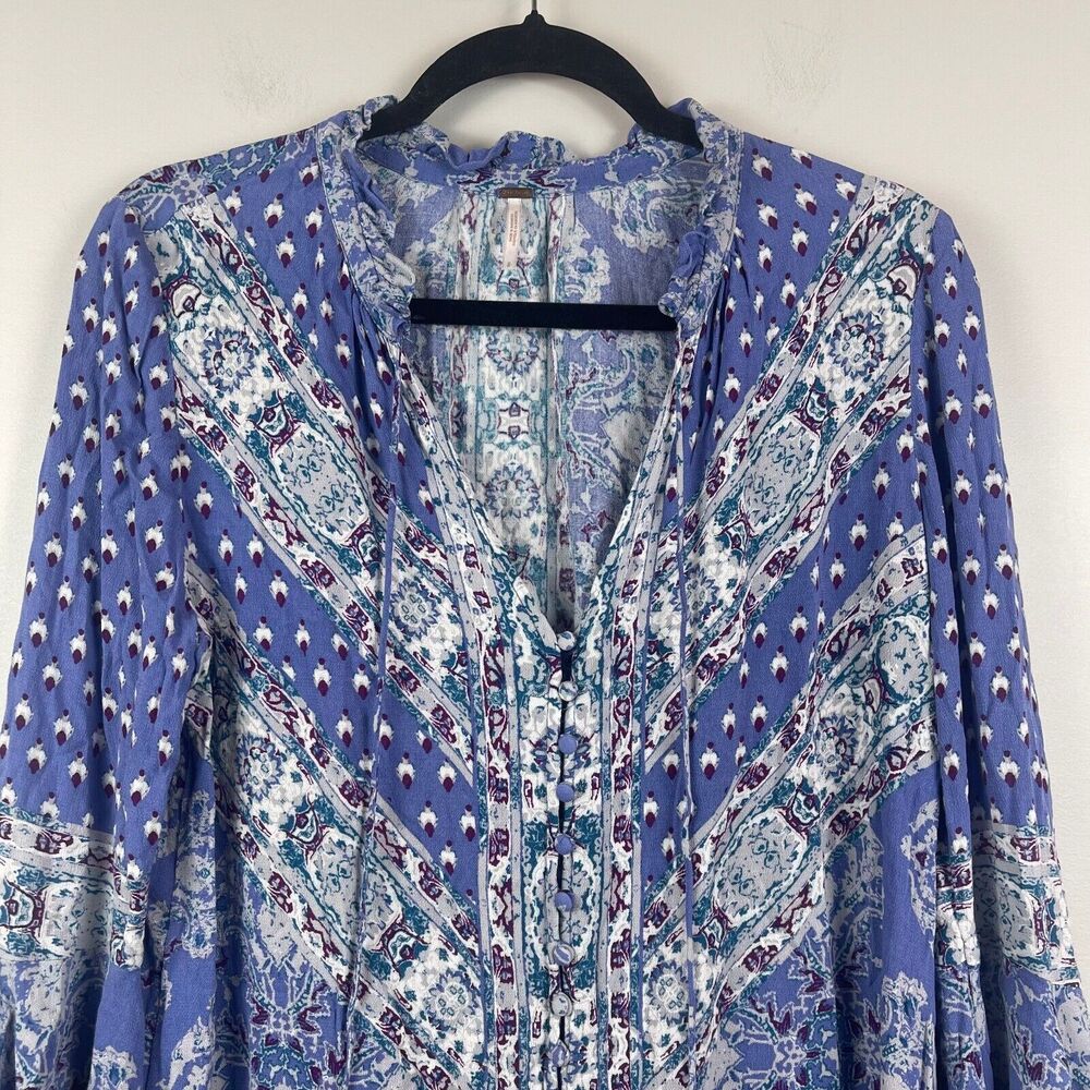 Free People Top Women Small Blue Boho Magic Mystery Bell Sleeve Tunic Peasant - Picture 5 of 11